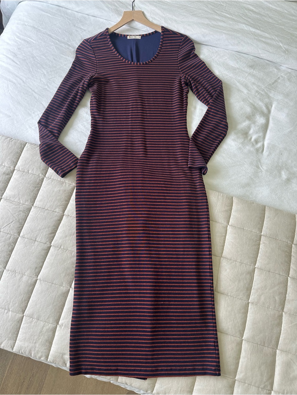 Marine Layer Navy and Burgundy Striped Long-Sleeve Midi Dress
